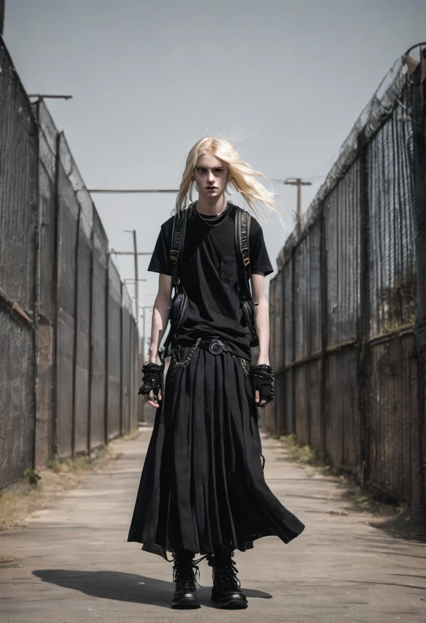 Alternative goth faceless muscled and tall long sliver blonde hair boy walking in black punk plataform boots and a long skirt in a vintage style, a black backpack, musculed legs and solid background