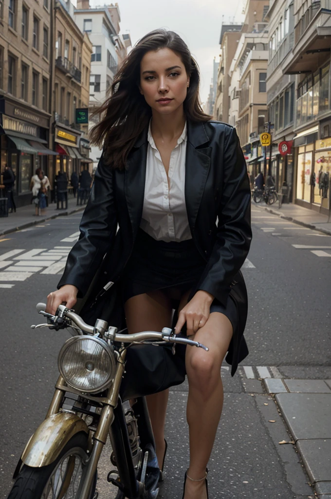 painting of a woman riding a bike in a city street, a fine art painting by Raymond Leech, dribble, figurative art, nick alm, style of dragan bibin, danile gerhartz, at a city street, in the city, in city street, award-winning oil painting, in a oil painting style, on a street