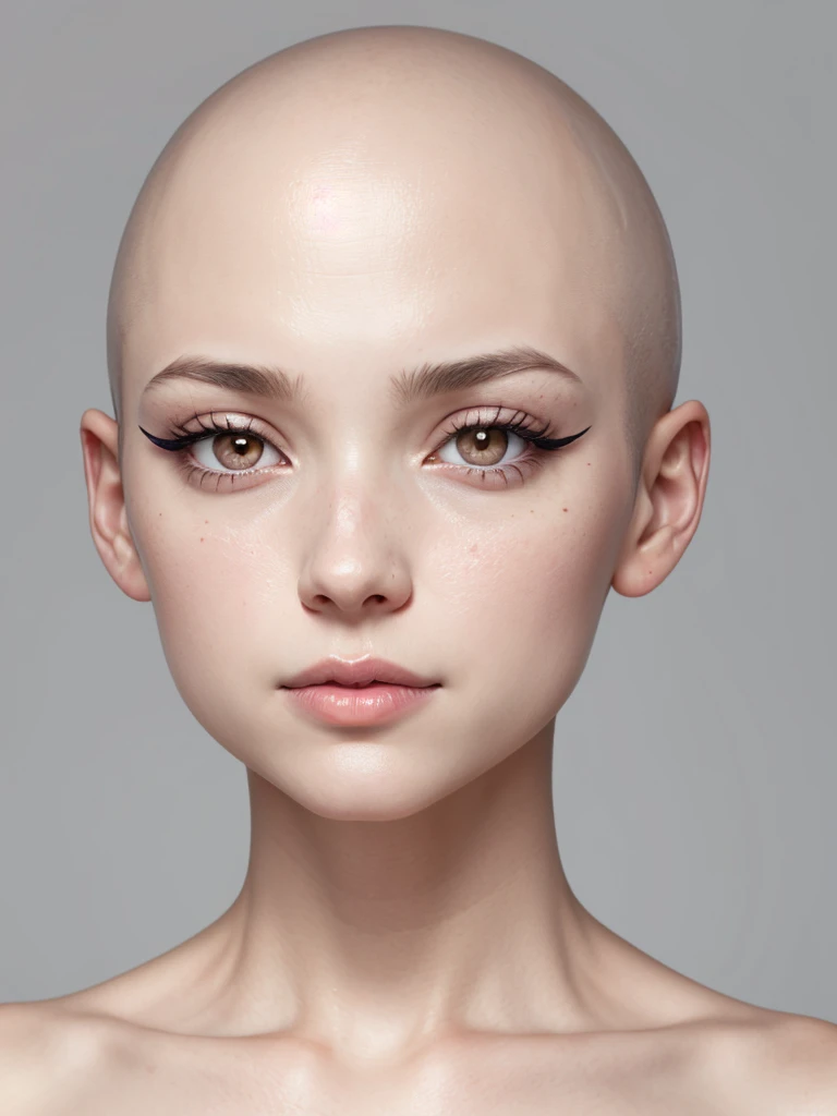 woman, bald, face, portrait, close up, front, pink eyes, eyeliner, lipgloss, no clothes, grey background