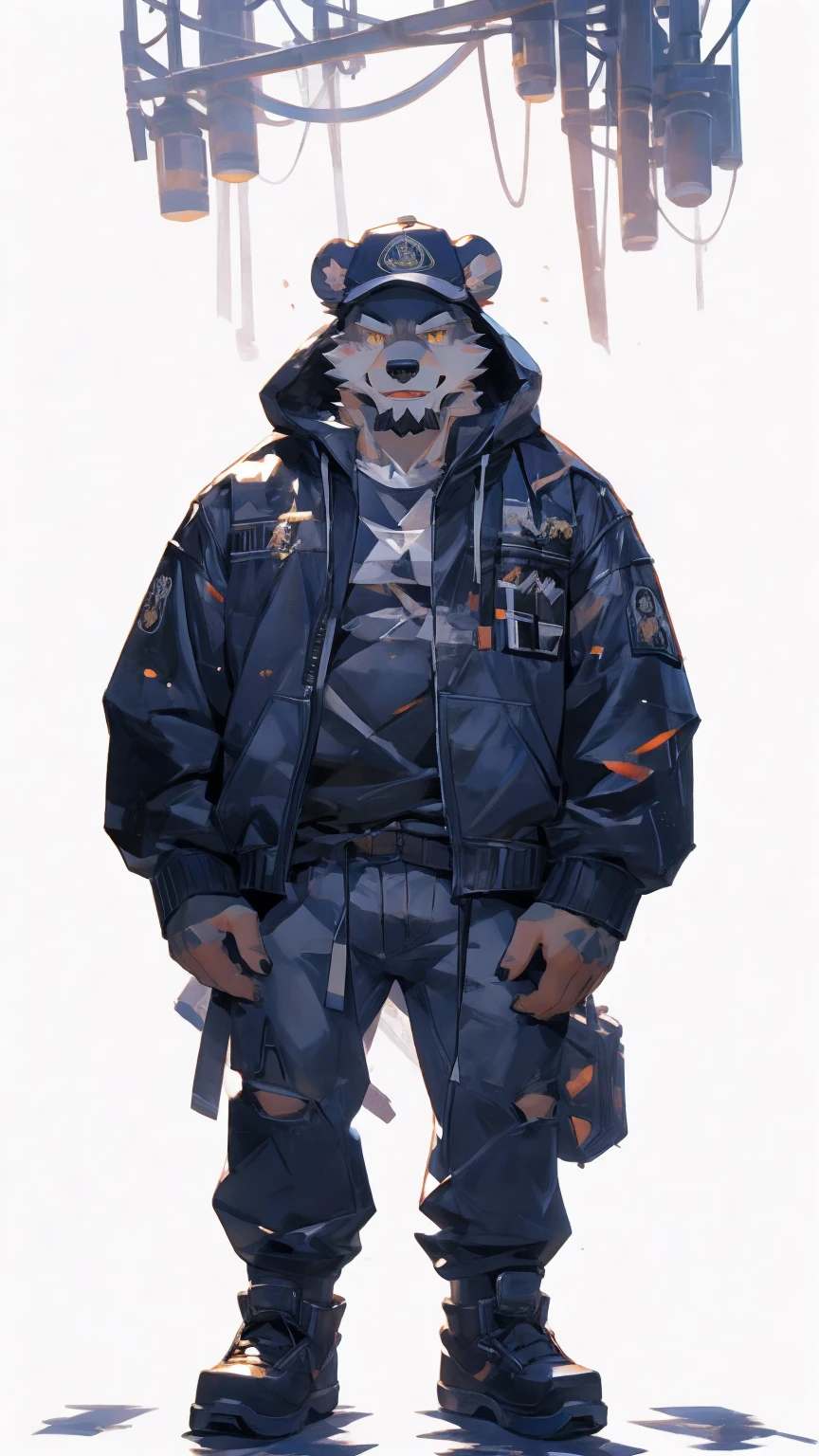 (masterpiece:1.2), best quality,pixiv,official art,perfect anatomy, (Ray tracing, light),solo, (1_male:1.3) , (muscle), (grey fur:1.4), (muscle bear), (beard:1.2), (gleaming golden eyes), bear tail, full body, Thick black eyebrows, baseball cap, (open short hoodie), (naked inside),Ripped short jeans, black short boots, (pure white background: 1.3), (front view:1.3), character design