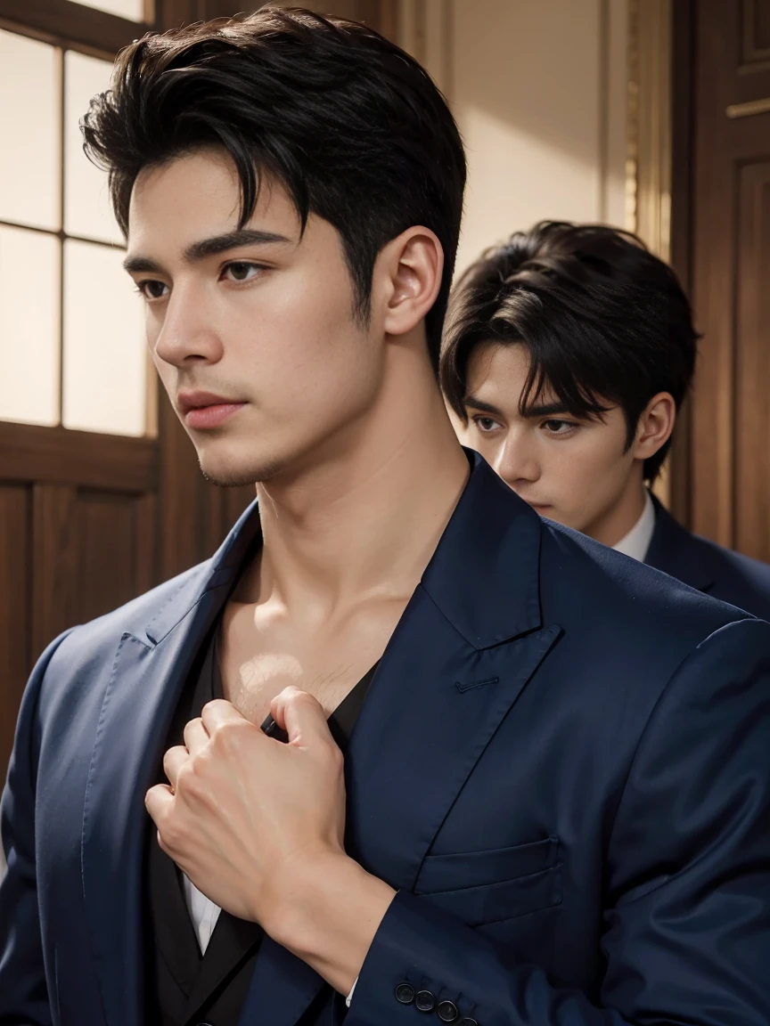 ((masterpiece)),((best quality)),8K,high detail,Very detailed, Very manly,3 men, like,fashion pose, Realistic skin texture, Light,
Royal blue style couple,Perfect hand details