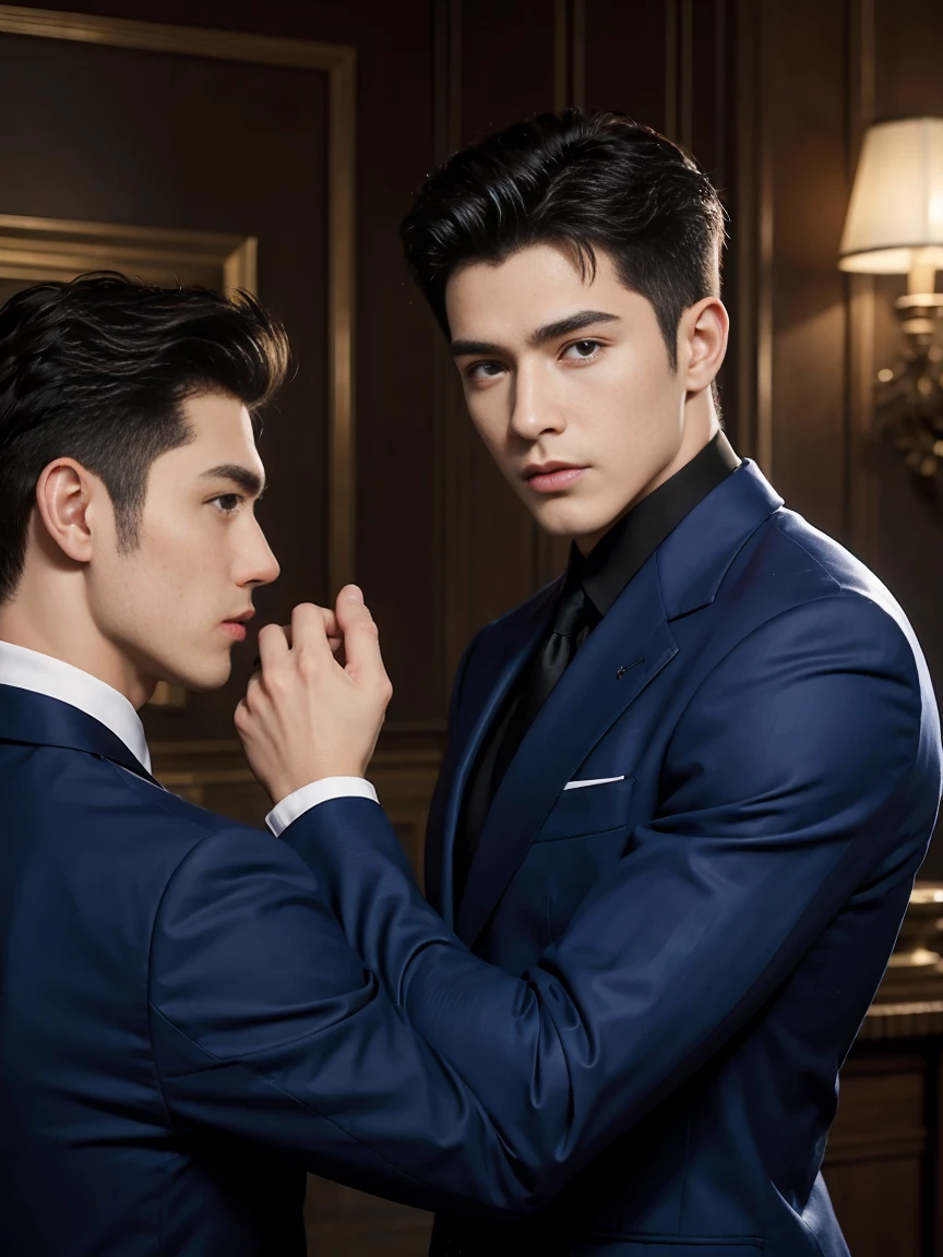 ((masterpiece)),((best quality)),8K,high detail,Very detailed, Very manly,3 men, like,fashion pose, Realistic skin texture, Light,
Royal blue style couple,Perfect hand details