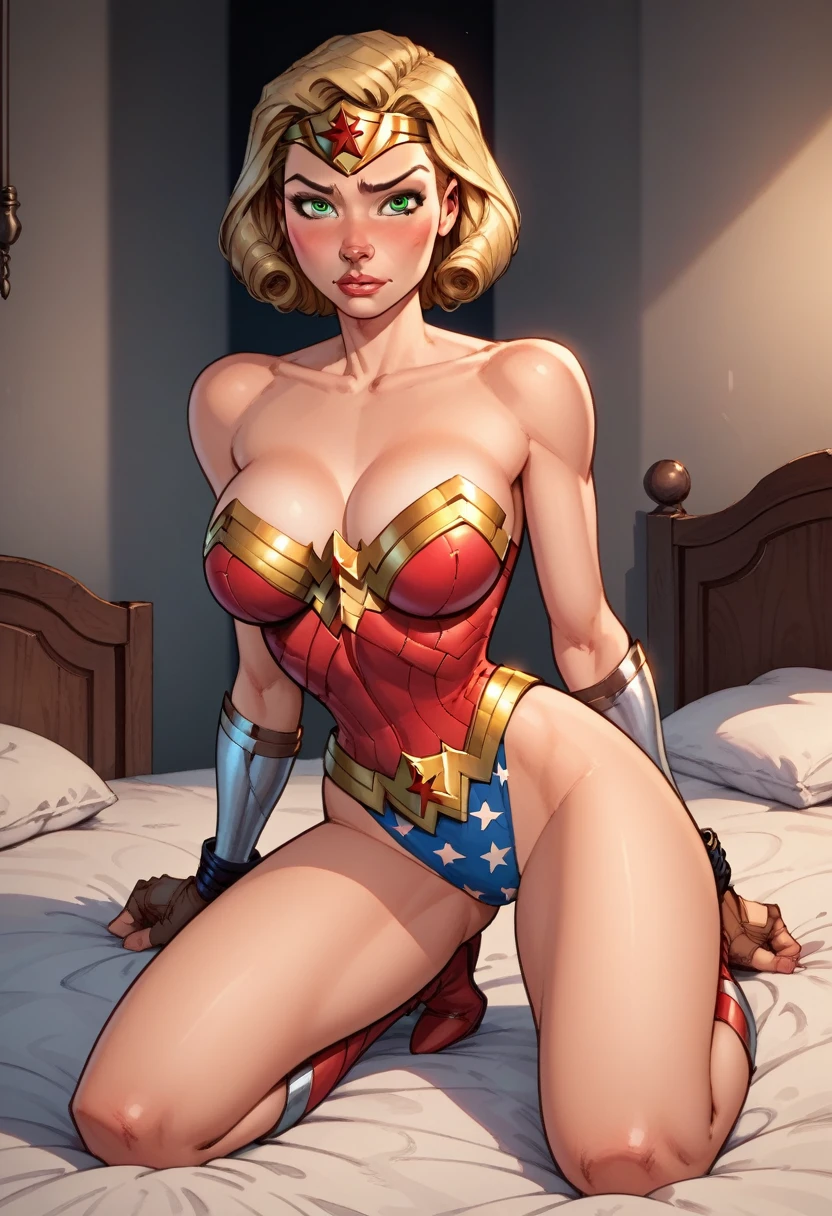 score_9, score_8_up, score_7_up,score_6_up, score_5_up, score_4_up, detailed soft lighting, 1girl, solo, large breasts, AchaseDG, hort hair, blonde hair, green eyes, wonder woman suit, bdsm, (kinbaku:1.5), bound with sexy cuffs, kneeling on bed, legs spread, looking at viewer, aroused, sexy expression, blush, (masterpiece, best quality, highly detailed, beautiful).