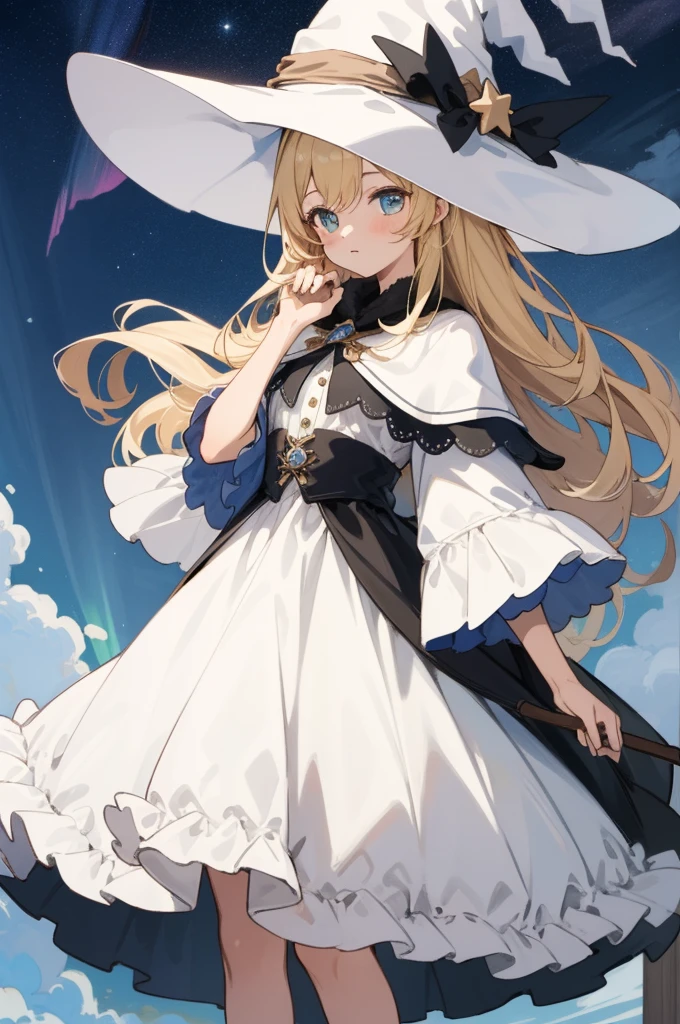 ((Masterpiece:1.2, Best quality)), 1girll, Solo, (Witch hat), Blonde hair, Long hair, dress, aurora, Night, Star (sky), mitts, sky, White dress, Night days