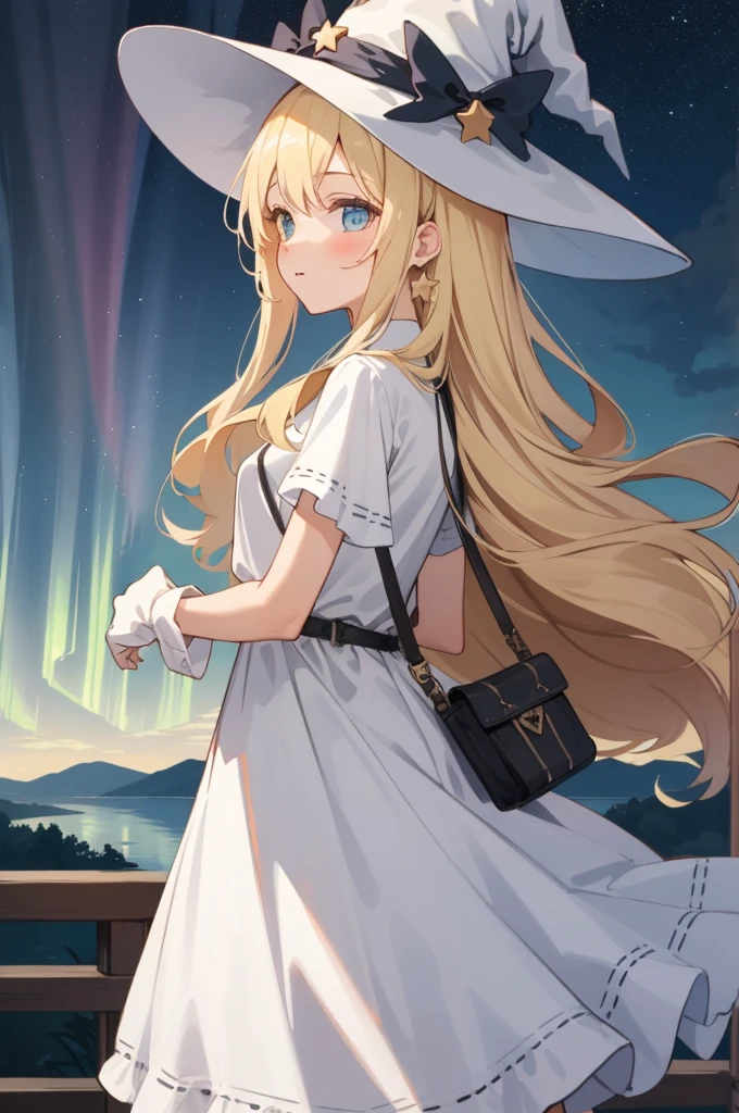 ((Masterpiece:1.2, Best quality)), 1girll, Solo, (Witch hat), Blonde hair, Long hair, dress, aurora, Night, Star (sky), mitts, sky, White dress, Night days