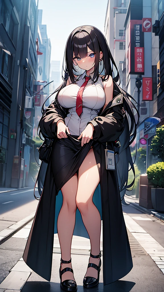 highest quality、Highest image quality、masterpiece、teenage girl((18-year-old、 Agar、vest bust、small bust,wide open breast tea、Black eyes, black hair、long hair、slender,highest valley、cute makeup、Red spats、fluttering hair、chain accessories、best smile)),high quality、beautiful art、background((Live on the street、galleries、Akihabara)),muste piece、Depth of written boundary、movie、visual art、perfect art、((nsfw:1.2)), pink nipples, ((naked)), high heels, black thigh high socks,