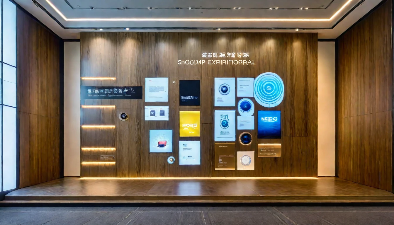 Sony A9iii,RAW photos,masterpiece, high quality, best quality, for real, Super Detail, Internal, indoors, (Light wood grain:1.3), Bright, (real:1.2),exhibition,Showroom,Company exhibition wall,Showroom入口主墙