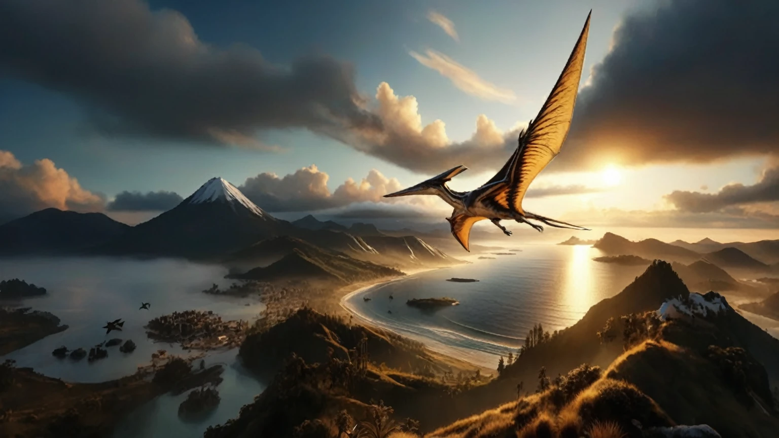 A flock of pterosaurs flying over a mountain，Lakes and mountains in the background, with Pterosaur flying, Pterosaur flying, Realistic photography paleontology art, concept art 8k resolution, concept art 8k resolution, Inspired by Ted Nasmith, 8K matte, 8K matte, Realistic paleontological art, 4k hd wallpapers very detailed