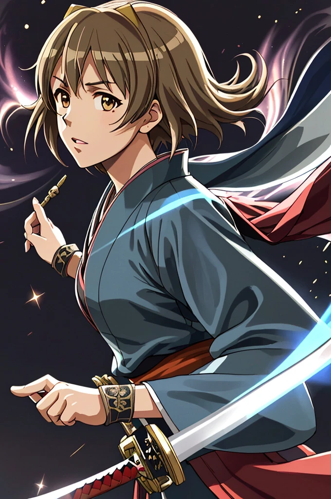 Highest quality,High resolution, (((Yukiho Hagiwara))) ,((Idolmaster)) ,(fan),One person,warrior,(dark blue_coat),kimono,Young woman,((Bob_Hairstyle)) ,roar,intense,Aggressive,One personで,strongest,Anime Style,(Milky Way_background),(Limbs),(Full Finger), (The finer details), (Super detailed),(Japanese sword:),4K,(high resolution),whole body, (Front angle), Looking at the camera,masterpiece,(Subtle details),(Intricate details),Octane Rendering,(Hyper Detail),