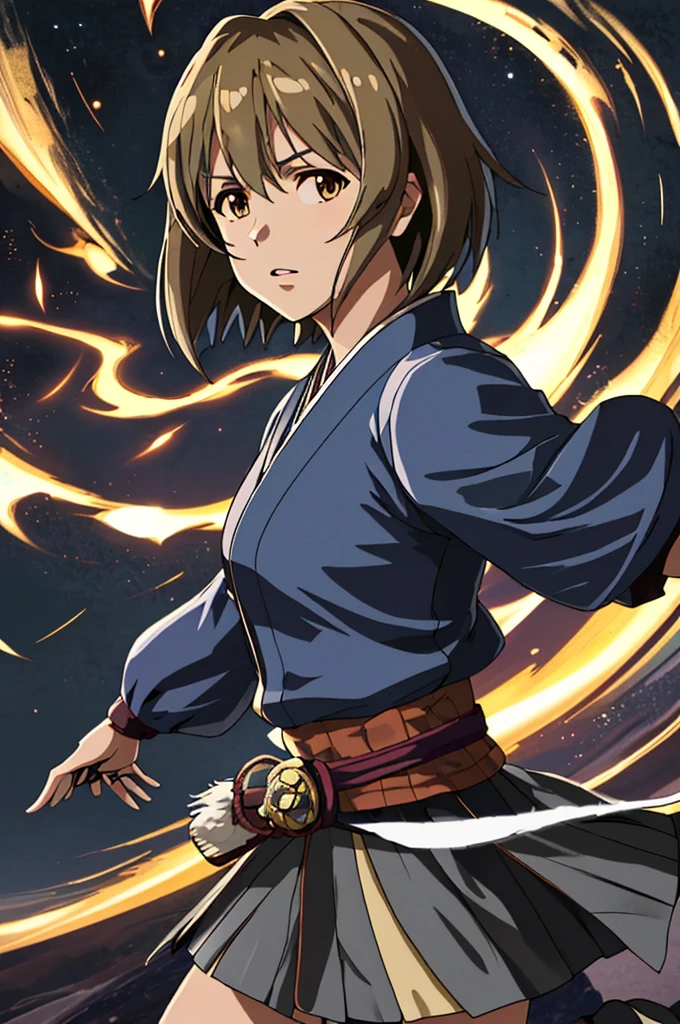 Highest quality,High resolution, (((Yukiho Hagiwara))) ,((Idolmaster)) ,(fan),One person,warrior,(dark blue_coat),kimono,Young woman,((Bob_Hairstyle)) ,roar,intense,Aggressive,One personで,strongest,Anime Style,(Milky Way_background),(Limbs),(Full Finger), (The finer details), (Super detailed),(Japanese sword:),4K,(high resolution),whole body, (Front angle), Looking at the camera,masterpiece,(Subtle details),(Intricate details),Octane Rendering,(Hyper Detail),