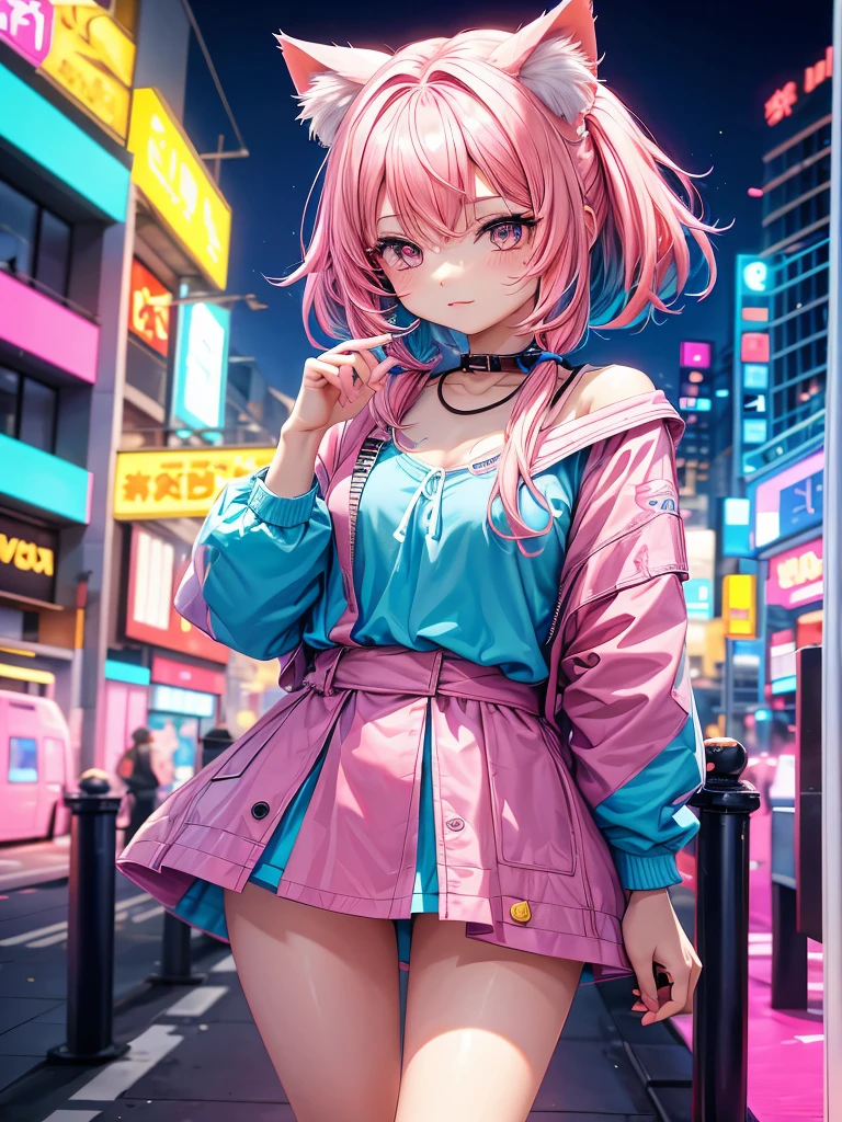A cat girl, gradient hair, pink hair , blue hair, neon background, neon highlights