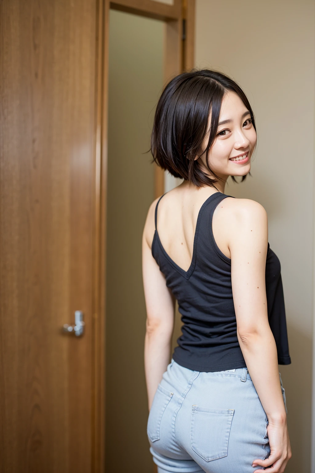 Top quality, 1 beautiful woman, super short Hair, wearing tanktop, shy-smile, back pose