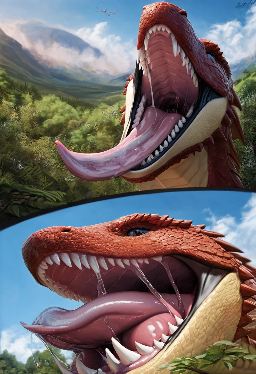 dragon.Wild.Sharp teeth.Huge body.Approached.Black mouth.Lots of saliva.Mucus.Slimy Throat.Open throat.scales.A slimy tongue licks me. mouth.Physical Difference.naked.Human first person perspective.one hand.Get on your tongue.Throat close-up.Swallowed Whole.prey.nature.Realistic.Real.sense of distance.Detailed inside mouth.(Attention to detail.masterpiece.Highest quality.)