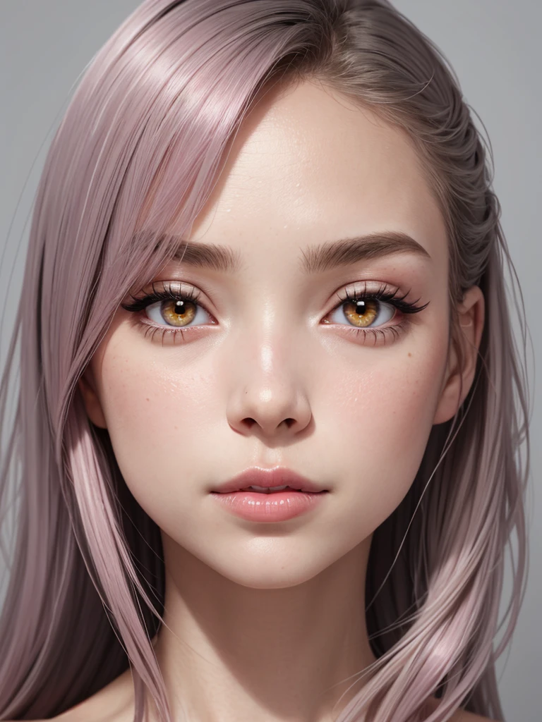 woman, face, portrait, close up, front, pink eyes, eyeliner, lipgloss, no clothes, grey background