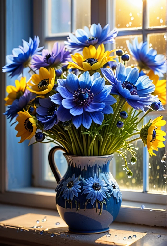 Intricate details, detailed, realism, a close up floral of Anemone /Cornflowers bouquet on pot under large window. combination blue mix yellow color. There is a cute fatty Cat behind. The first rays of sunlight in the morning，Dew drops on  flowers on the vas，(sunrise，Halo)，Beautiful picture，HD Wallpapers，Natural light, dramatic, Source reality,