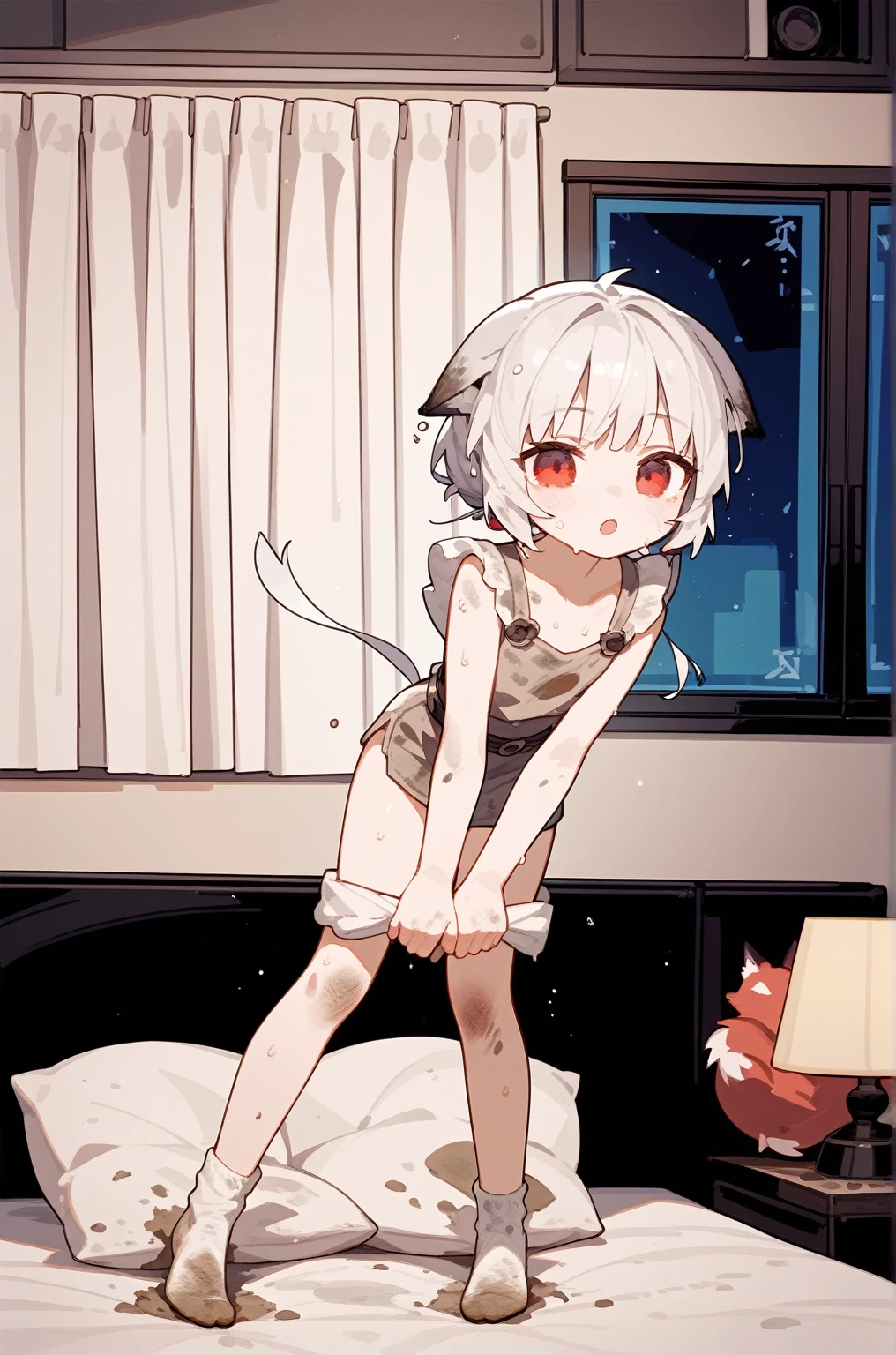 1 girl,dirty,foot,foot底,Red Eyes,breast,solitary,Long hair,White hair,,foot趾,foot部焦点,Looking at the audience,sit,Sweat,open mouth,dirty foot,Keep,indoor,Pillow,Bangs,White knee socks,Fox ears,There'foot的泥土,White clothes,Uniforms,Japanese style,dirtyPillow,dirty床,女孩周围堆满Pillow,女孩踩踏2着Pillow,大量Pillow,Pillow上肮脏,,(Deluxe Rococo Canopy King Bed),On a big and spacious bed,(),,,,Luxurious curtains with ornate ruffles and ribbons surround the bed,((((There are many pillows piled on the bed)))),Detail of Quilt,Detailed bed sheets,女孩踩在Pillow上