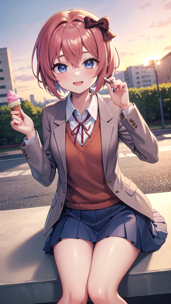 Masterpiece, perfect lighting, (beautiful, Best quality: 1.3), ddlcsayori, ddlcsayori, Perfect eyes, absurd, 8k, 1 girl, alone, (absurds), finely detailed, perfect hands, perfect anatomy, very large, smiling, mouth open, in love, looking at viewer, posing coquettishly, thighs, wide eyes, blue, hair between eyes, hair bow, hair ornament, pink hair, red bow, short hair, (small chest: 1.2), stockings white, blue skirt, pleated skirt, skirt, brown jacket, jacket, sitting in the park at sunset eating an ice cream.