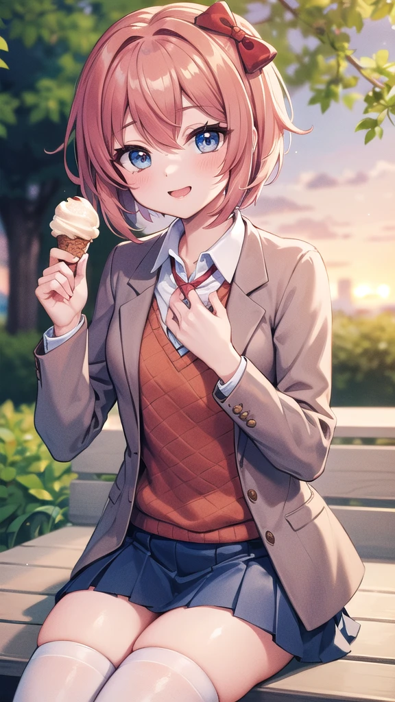 Masterpiece, perfect lighting, (beautiful, Best quality: 1.3), ddlcsayori, ddlcsayori, Perfect eyes, absurd, 8k, 1 girl, alone, (absurds), finely detailed, perfect hands, perfect anatomy, very large, smiling, mouth open, in love, looking at viewer, posing coquettishly, thighs, wide eyes, blue, hair between eyes, hair bow, hair ornament, pink hair, red bow, short hair, (small chest: 1.2), stockings white, blue skirt, pleated skirt, skirt, brown jacket, jacket, sitting in the park at sunset eating an ice cream.