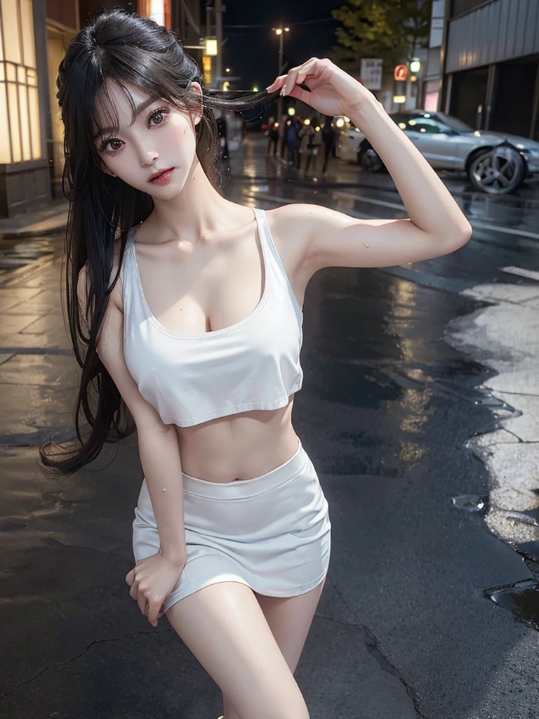 28-year-old woman wearing a white silk shirt with extremely thin fabric, her shirt is wet, her miniskirt is stuck to her body, her whole body is wet in the city in heavy rain, her hair is short, (layer cut: 1.9), (16K), (top quality: 1.2), (realistic), (photorealistic: 1.37), ultra detailed, professional lighting, (no bra), (no panty), elegant pose,