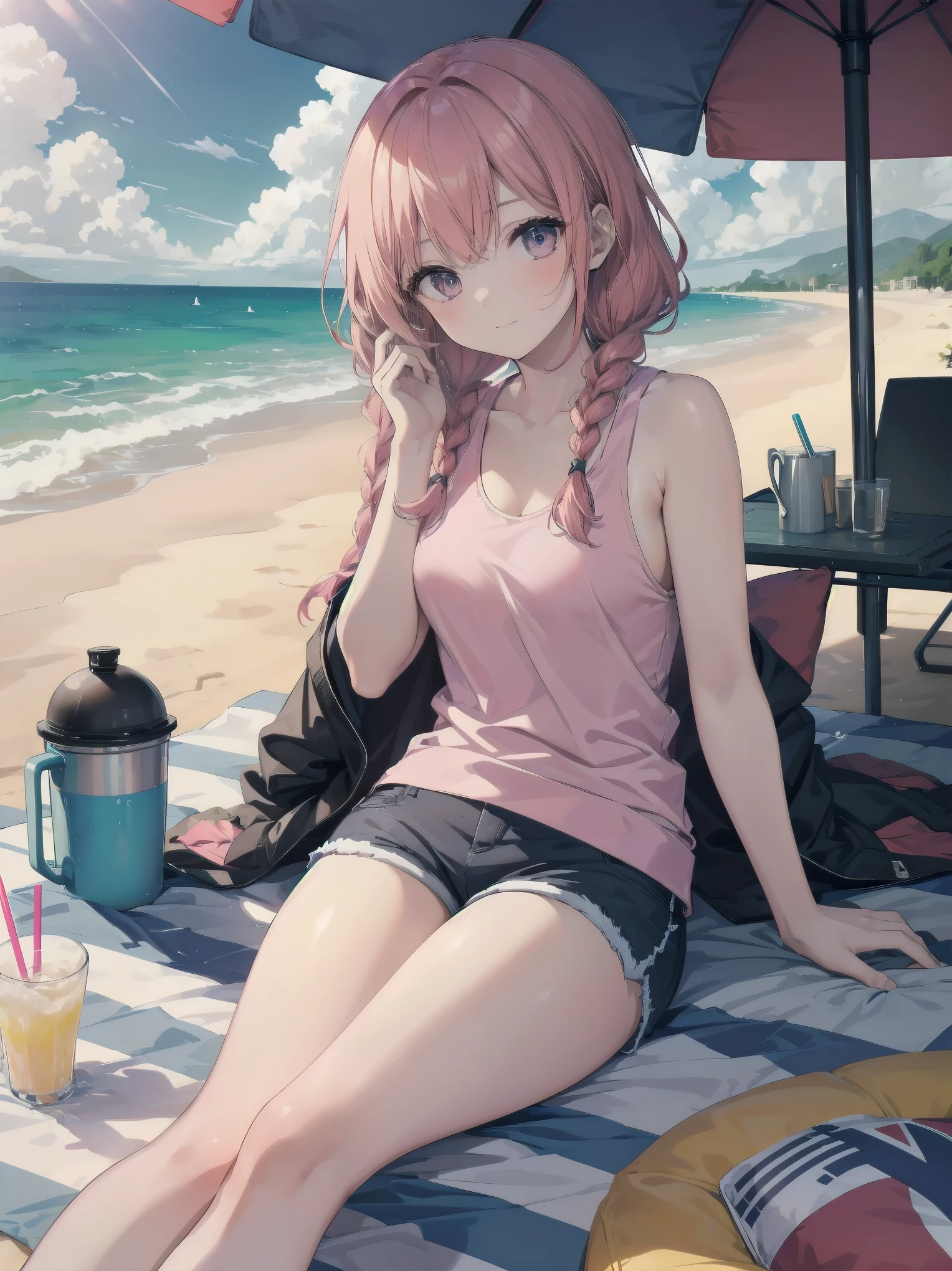 (Masterpiece: 1.2), (Best quality: 1.2), high resolution, detailed. BREAK. ((Cute girl with red hair in twin braids)), (1, pink tank top and shorts, , content expression: 1.3), drinking cold lemonade with straw, lying on beach towel. BREAK. Sunny beach, large umbrella, sandy beach, ocean with gentle waves, people playing in water. BREAK. ((Bright sunlight)), shimmering water, small portable fan nearby. BREAK. ((Positive: 1.3)). BREAK. Cheerful digital illustration, beach vacation mood