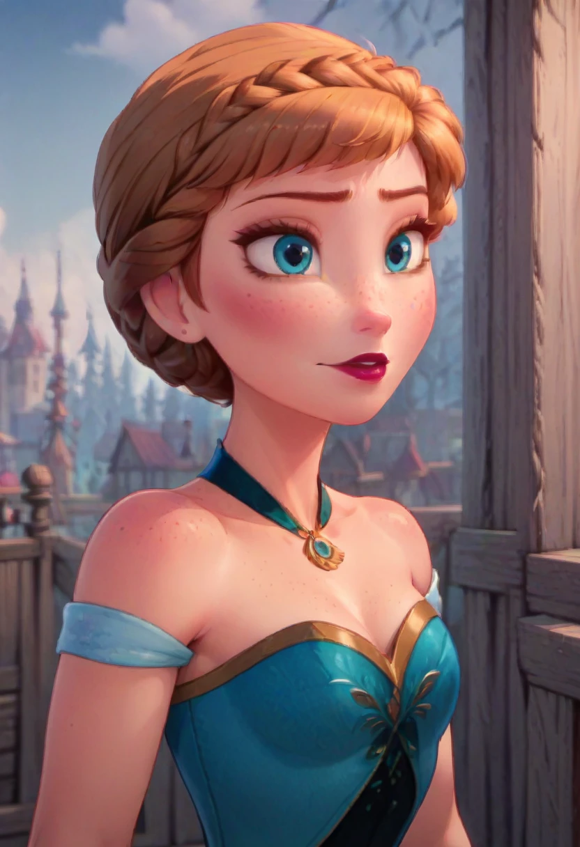 ((masterpiece, best quality)), Disney reference, (Anna), Anna grins, lipstick, freckles on face, upper body: bare shoulders, skinny 