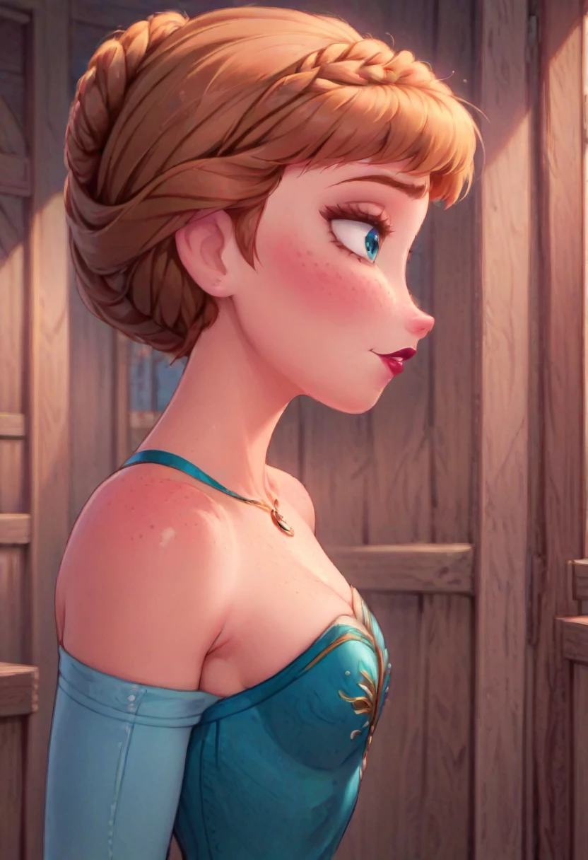 ((masterpiece, best quality)), Disney reference, (Anna), Anna grins, lipstick, freckles on face, upper body: bare shoulders, skinny 