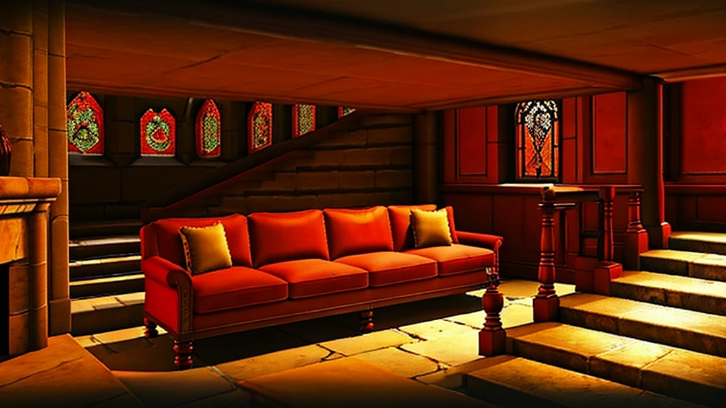 Gryffindor Common Room,Large chat room,Stone wall,Fantasy,middle ages,Red sofa,fireplace,Stairs with handrails,warmth,Warm lighting,Red carpet,Basket of apples,parchment,Coffee cup《Harry potter》《hogwarts legacy》