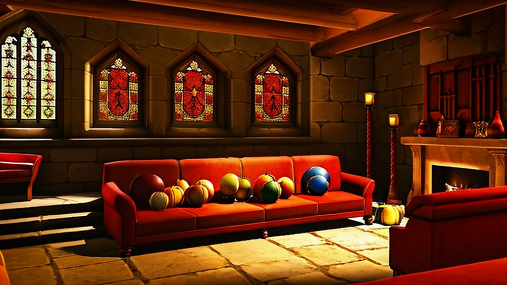 Gryffindor Common Room,Large chat room,Stone wall,Fantasy,middle ages,Red sofa,fireplace,Stairs with handrails,warmth,Warm lighting,Red carpet,Basket of apples,parchment,Coffee cup《Harry potter》《hogwarts legacy》