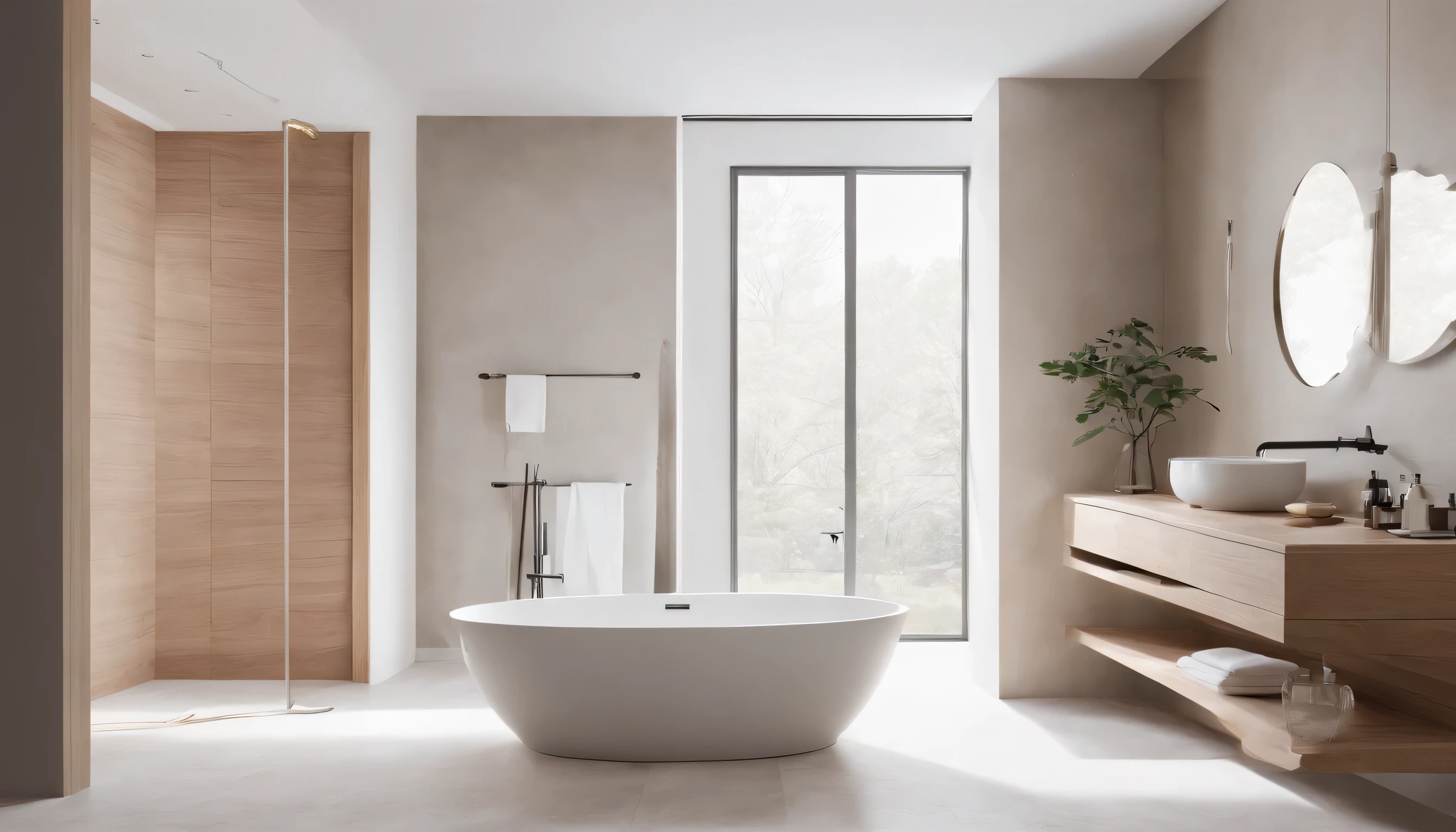 Modern minimalist bathroom with a freestanding tub, wooden cabinets, and a walk-in shower, neutral-toned interior, light background, concept of luxury and simplicity. 