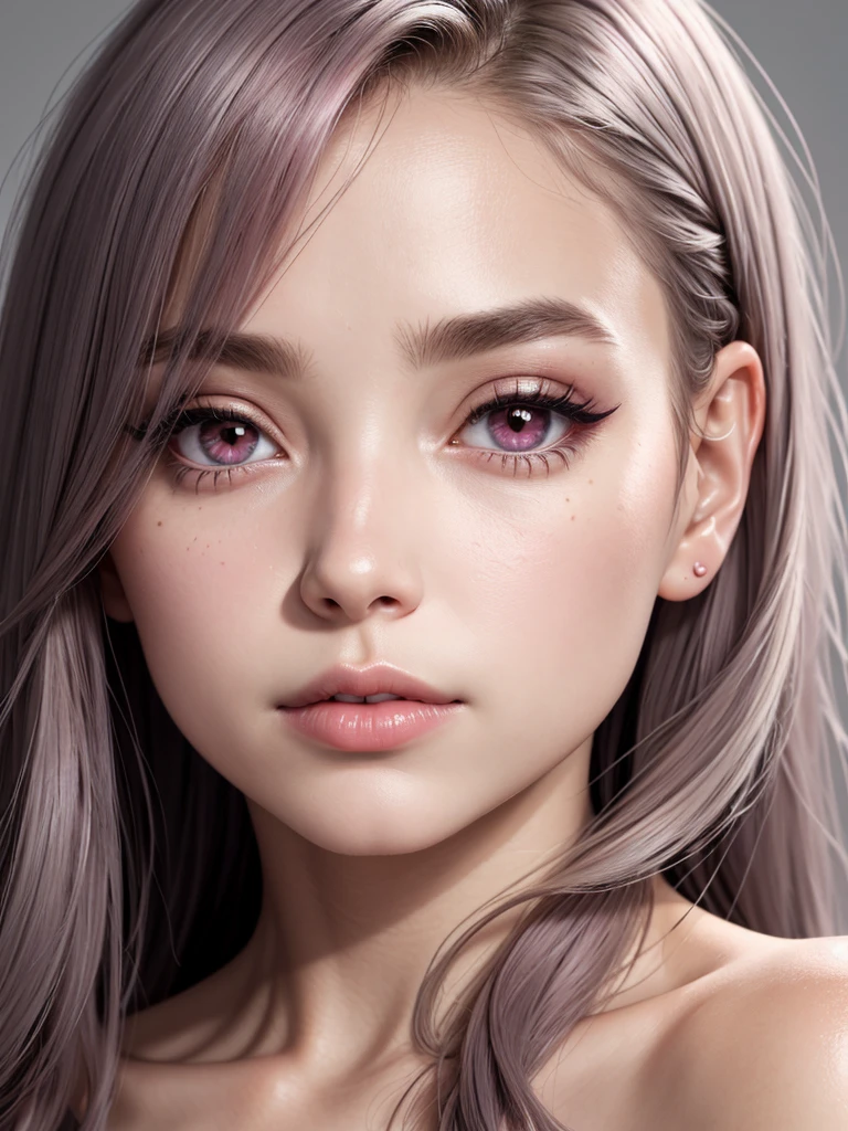 woman, face, portrait, close up, front, pink eyes, eyeliner, lipgloss, no clothes, grey background