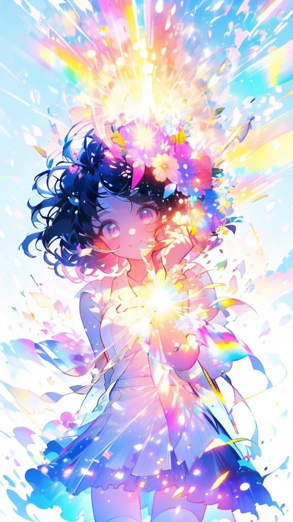 (Highest quality, masterpiece, Very detailedな, Very detailed, Exquisite, 16K,Full HD),(White Background:1.5), ts1, white shirt, Blue vest, sleeveless, blue thighhighs, blue skirt, wrist cuffs, neck ribbon,A little closer,Dramatic lighting,pastel colour,(seems to be happy)grab the hem of the dress,sun光,fly in the sky,Soft lighting, ((alone:1.5)),(sunny,blue sky,rainbow,sun,morning sky),Gentle breeze,Magical Forest,flower,wood,flower畑,葉っぱとflowerびらが舞う,From above,((head shot)),画面いっぱいのflower,The wind is blowing,(腰の少しFrom above巨大な妖精の羽:1.5),sunの光に反射した,sunの魔法,(smile:1.2), (Fantasy, Romantic atmosphere), (Ultra-detailed skin、Super beautiful eyes、Detailed Background)