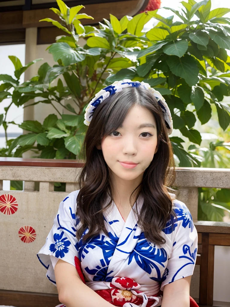 Highest quality, Tabletop, (Realistic:2), Ultra-high resolution, Very detailed, Surreal, One Girl, ((White yukata with red floral pattern:1.5)), (Loose perm), Short genitals, Full Shot, View your viewers, ,Bright atmosphere, Spotlight,huge ,sitting on desk and air conditioning hairy pubic area,(huge tits),smile,(Sleeping in bed、Spread your legs:1.2)
