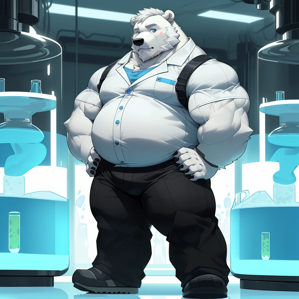 masterpiece, best quality, 8k resolution, Very detailed, hairy,(((polar bear)),(((Mature))),(((beard))),(((fat))),(((portrait))),(((White hair))),(((Standing))),(((Black short sleeve))),(((Blue Eyes))),(((Hands on hips))),Highest quality scene,(((Hip bulge))),(((Fat-enclosed muscle))),(((Round face))),(((laboratory))),(((Experiment))),(((Solitary))),(((Black trousers)))