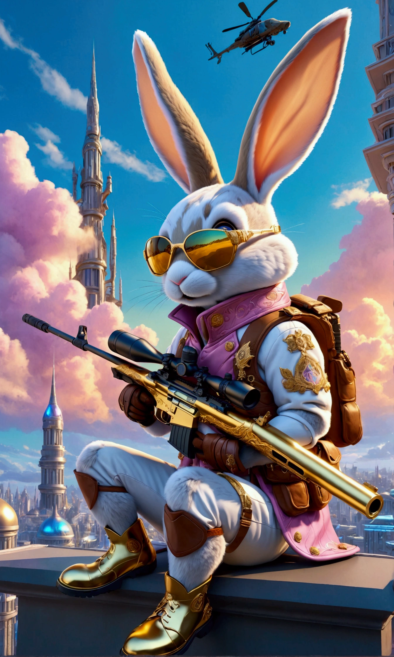 (Close-up of anthropomorphic bunny sitting on edge of roof and aiming with elite sniper rifle:1.3), (rifle has ornate golden handle:1.1), (stylish high-neck military jacket:1.1), white-pink clothes, (leather gloves, cool glasses:1.1), (pants with pockets:1.2), (background is futuristic crystal towers:1.1), (beautiful romantic cloudy twilight:1.2), (futuristic architecture with intricate otherworldly design:1.2), bright colors, masterpiece in maximum 16K resolution, best quality, ultra detailed, aesthetics, absurdes.
