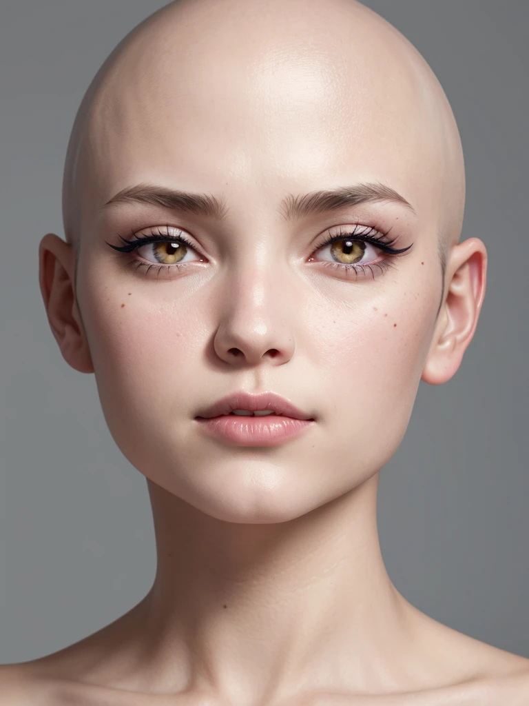 woman, bald, face, portrait, close up, front, pink eyes, eyeliner, lipgloss, no clothes, grey background