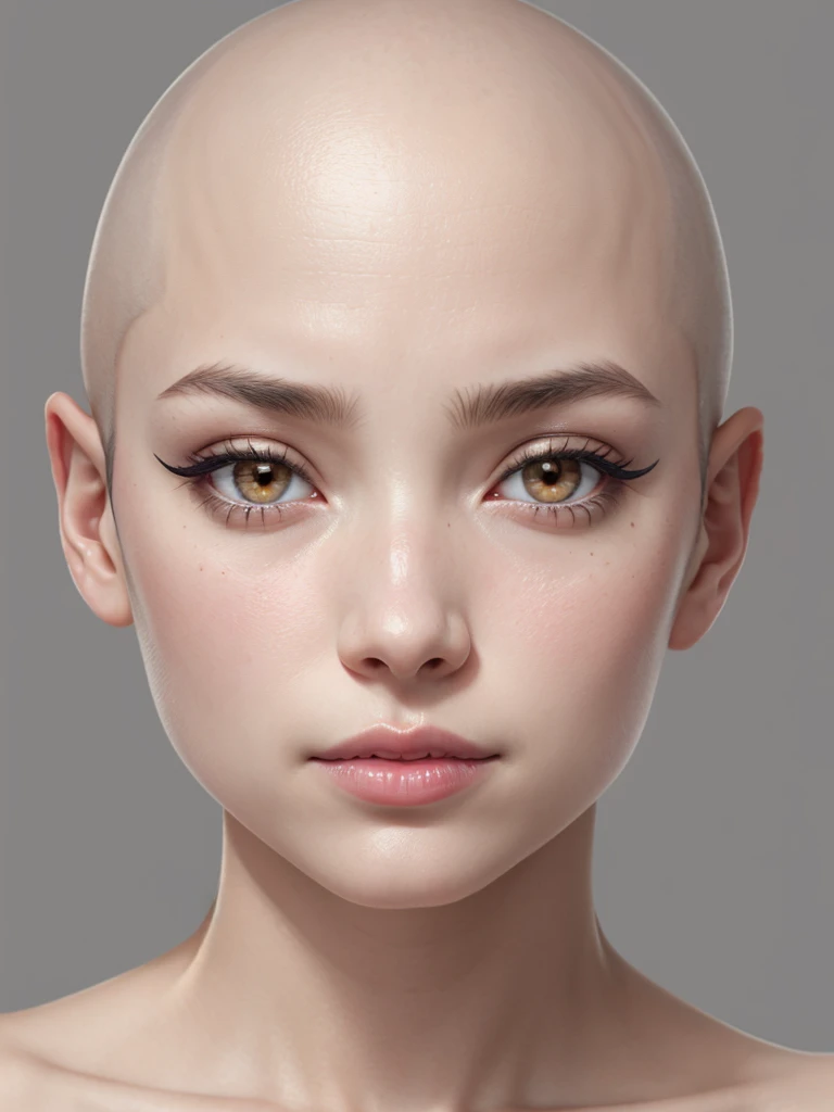 woman, bald, face, portrait, close up, front, pink eyes, eyeliner, lipgloss, no clothes, grey background