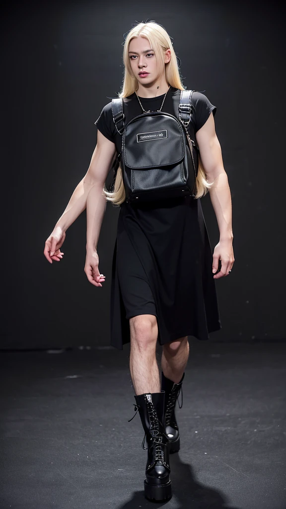 Alternative faceless musculed and tall long sliver blonde hair boy walking in black punk plataform boots and a long skirt in a vintage style, a black backpack, musculed legs and solid background