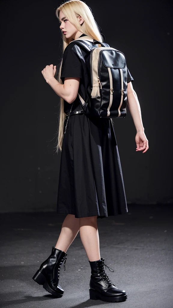 Alternative faceless musculed and tall long sliver blonde hair boy walking in black punk plataform boots and a long skirt in a vintage style, a black backpack, musculed legs and solid background 