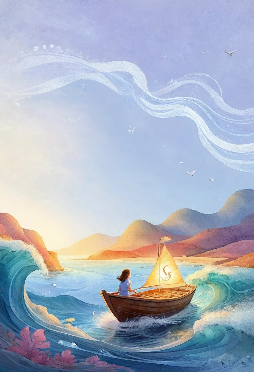 abstract style, Impressionism, picture book, child-draw style, A girl navigating a small boat on an ocean where the waves are formed by her own flowing hair. The hair gradually changes color from dark to vibrant hues, symbolizing the transformation of obstacles into the force driving her forward. The woman is at the helm, facing the challenges with determination. The boat features a small lantern at the front, with the word ‘Courage’ inscribed on it. The dynamic waves emphasize the struggle and the power of courage