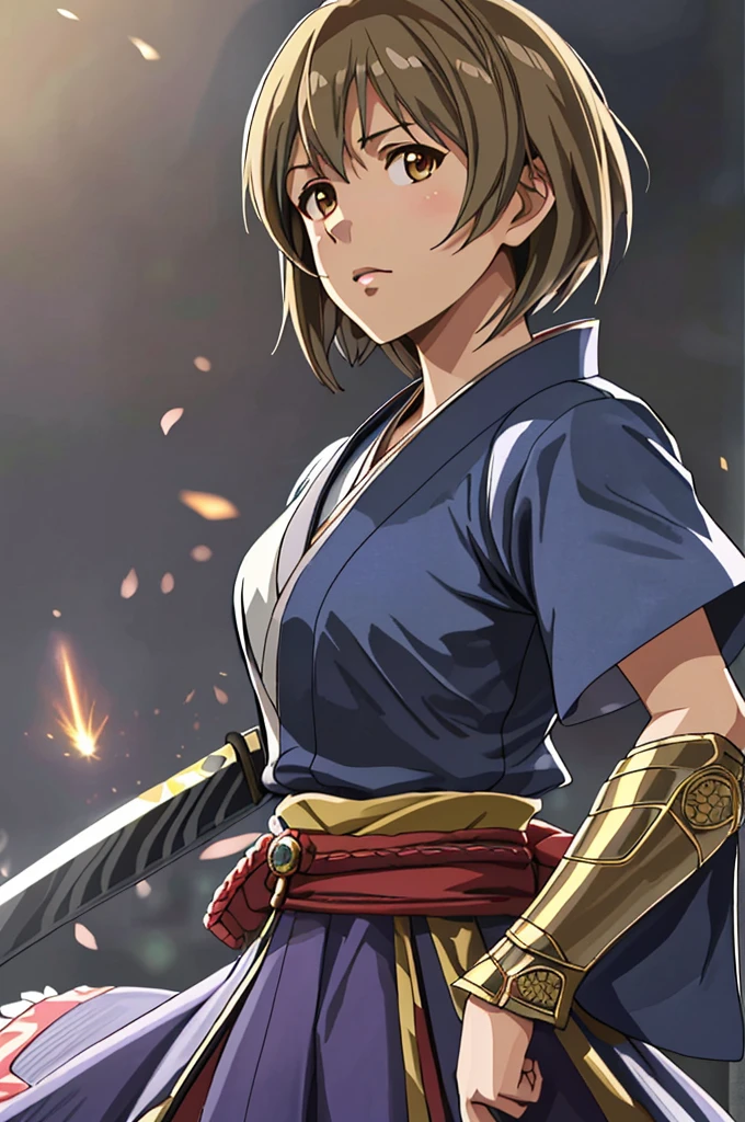 Highest quality,High resolution, (((Yukiho Hagiwara))) ,((Idolmaster)) ,One person,warrior,(dark blue_coat),kimono,Young woman,((Bob_Hairstyle)) ,roar,intense,Aggressive,One personで,strongest,Anime Style,(Milky Way_background),(Limbs),(Full Finger), (The finer details), (Super detailed),(Japanese sword:),4K,(high resolution),whole body, (Front angle), Looking at the camera,masterpiece,(Subtle details),(Intricate details),Octane Rendering,(Hyper Detail),