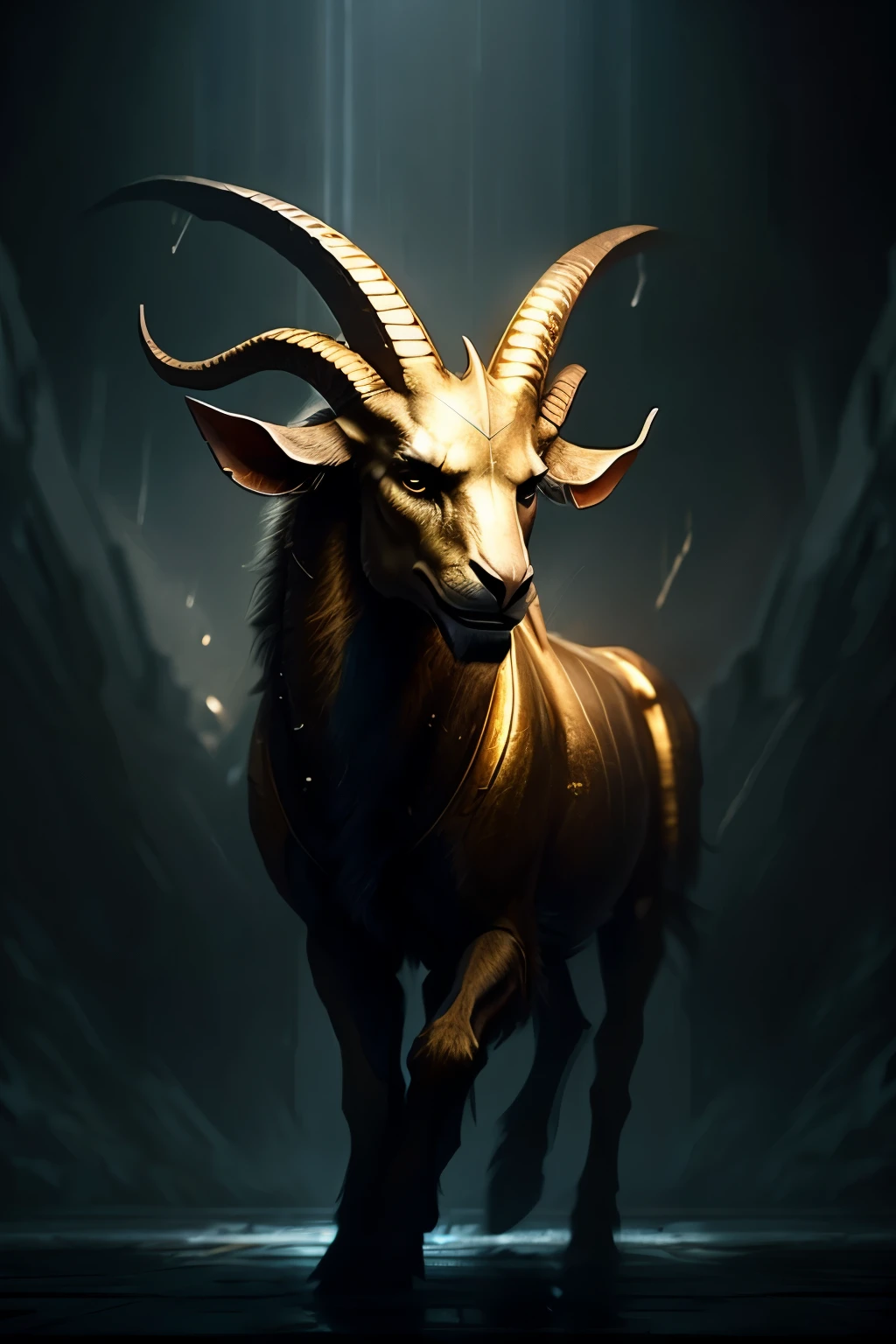 goat　scared　Dark atmosphere　Rain wind　thunder　gold　looks strong　cool　Large horns　Quadrupedal　huge　Stylish　thin　thick horns