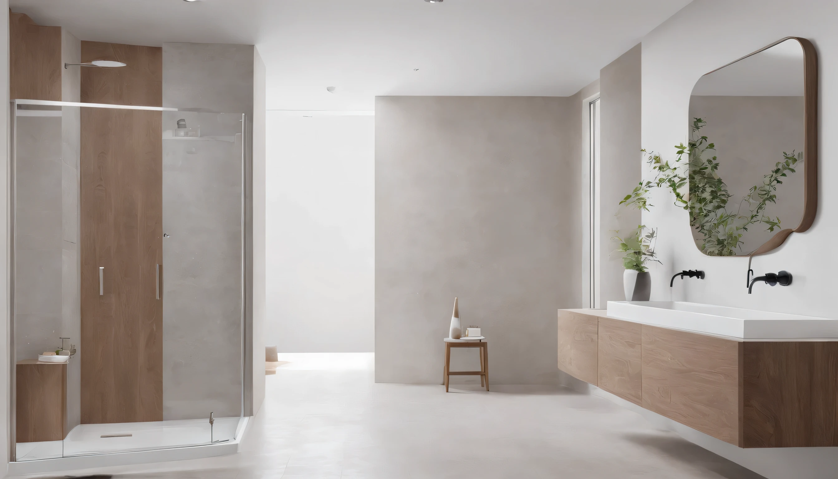 Modern minimalist bathroom with a freestanding tub, wooden cabinets, and a walk-in shower, neutral-toned interior, light background, concept of luxury and simplicity.