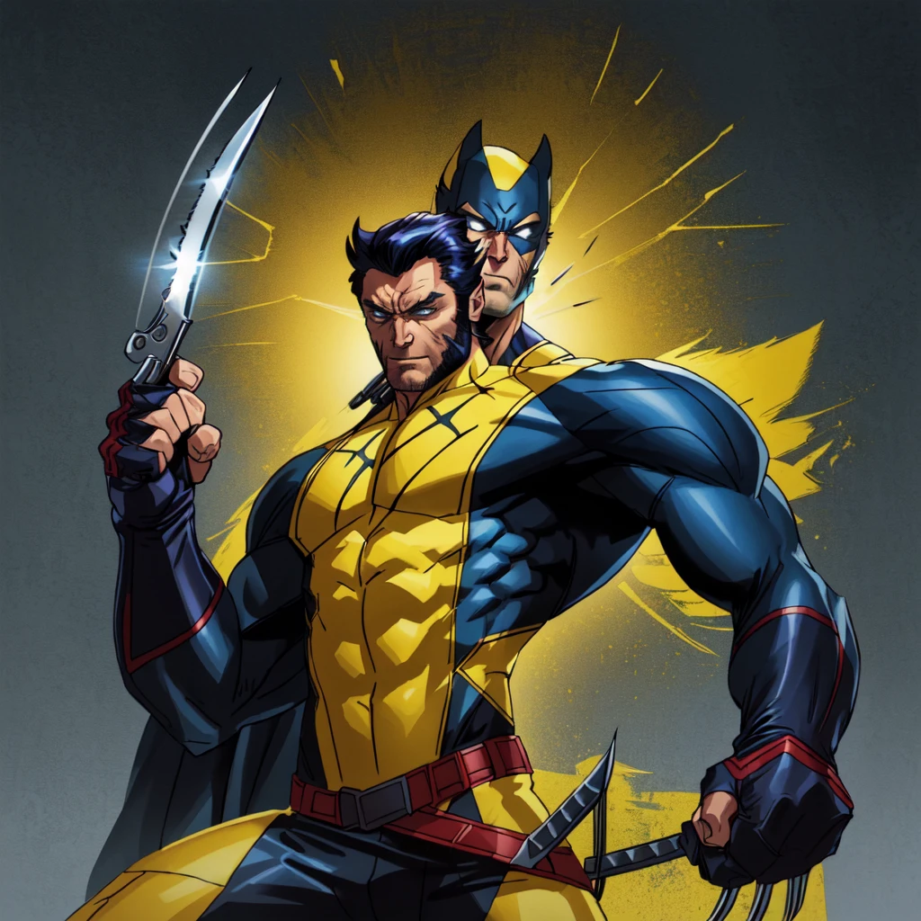 Master Piece, best quality, (extremely detailed CG unity 8k wallpaper), (best quality) 8k detail. wolverine with a knife and a glove on his chest, wolverine action pose, wolverine, wolverine ate, portrait of wolverine, boris johnson as wolverine, spiderman as wolverine, clint eastwood as wolverine, 90s comic book character design, , digitally colored, yellow x-man costume, menacing pose
