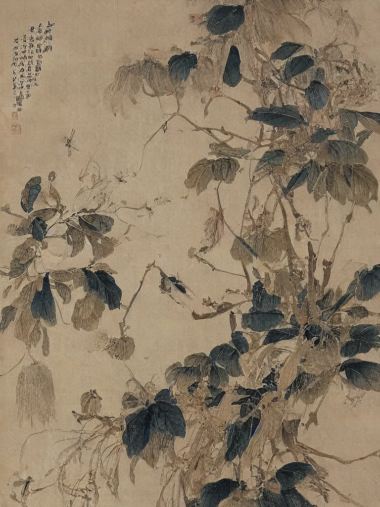 1 Lin Nan,Chinese, Flowers, birds, Leaves, ink, Rice paper, Factory details, vein, Plant textures, Layering, Beautifully, Clear, more details,