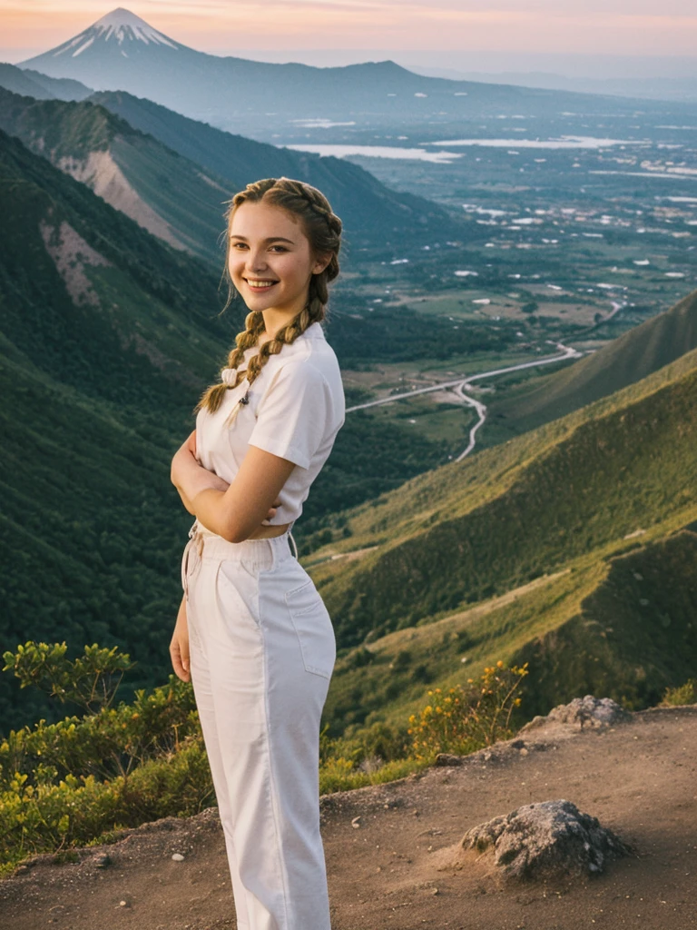 her name is Chrsotine, high quality, 1girl, ((20-year-old fit Caucasian woman)), ((20 years old)), ((fit)), ((Halo Braid)), pose: standing, wearing unique Generation-Z modern wear, BACKGROUND: La Soufrière Volcano and stunning sunsets, smiling