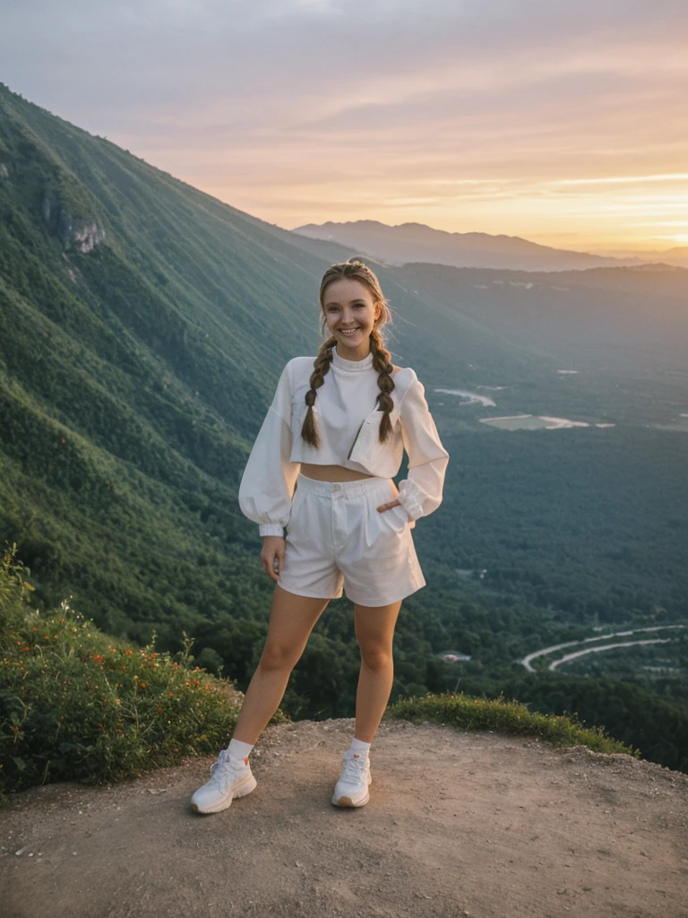 her name is Chrsotine, high quality, 1girl, ((20-year-old fit Caucasian woman)), ((20 years old)), ((fit)), ((Halo Braid)), pose: standing, wearing unique Generation-Z modern wear, BACKGROUND: La Soufrière Volcano and stunning sunsets, smiling