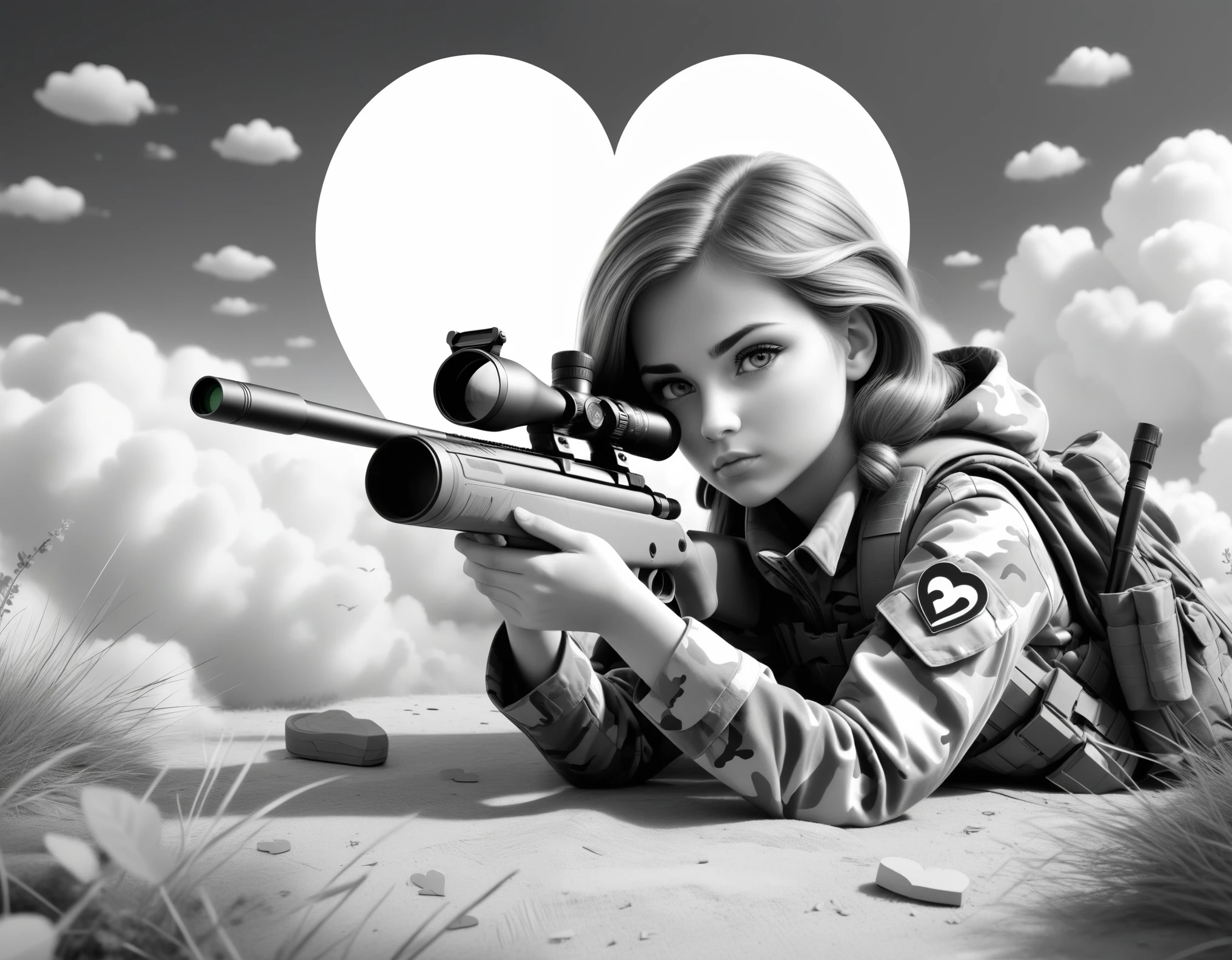 A beautiful sniper girl lying on the floor , holding sniper rifle, looking through the scope, line art, monotone, B&W, Coloring Book, camouflaged in a Heart-Shaped Clouds UHD, 4k, cinematic,
