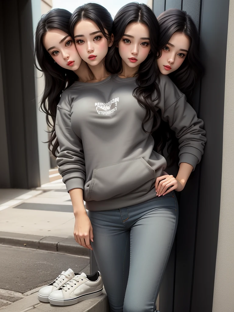 ,best quality,  girl, in a sweatshirt, sneakers and jeans, masterpiece, long hair, black hairs, gray eyes, a slim body, french kiss, yuri,(two heads).
