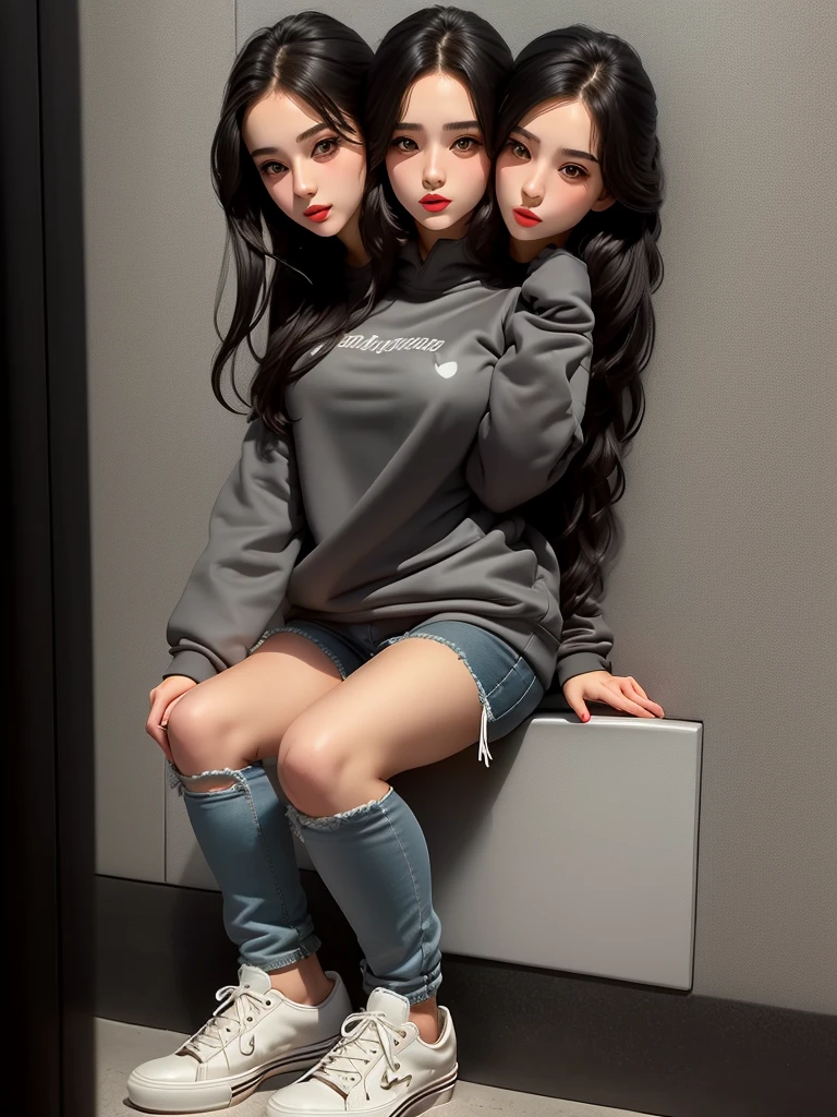 ,best quality, girl, in a sweatshirt, sneakers and jeans, masterpiece, long hair, black hairs, gray eyes, a slim body, french kiss, yuri,(two heads).