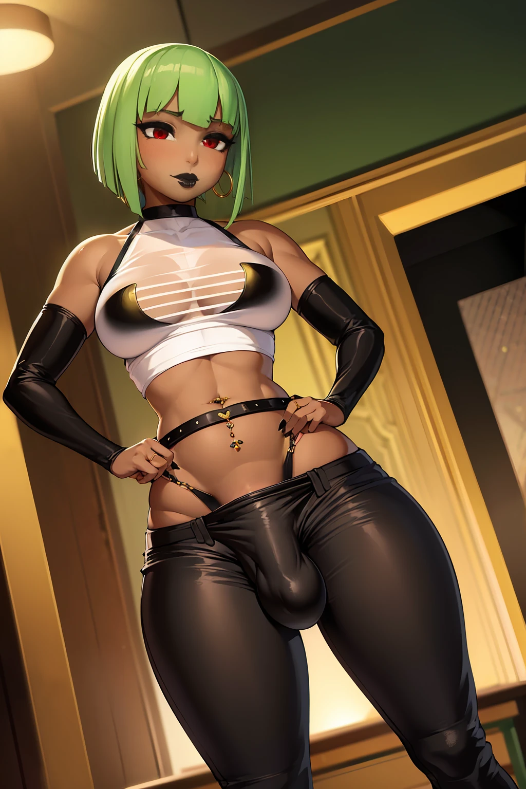 (solo:1.1),(masterpiece), (best quality:1.3), highly detailed, intricate, professional art, digital art, absurdres, confidant, emerald sustrai, futanari emerald sustrai wearing a crop top with arm gloves and pants confidently in a club,(Black see through top:1.4), (pants:1.6), 1girl, solo, (dark skin:1.5), green hair, bob hair, gold hoop earrings, gold jewellery, ab lines,(gold navel piercing:1.1), detailed stomach, red eye colour, dark skin, average breasts, (aroused:1.2), (futanari:1.1), (wide hips:1.4), (makeup 1:1), beestung lips, (black lipstick:1.3), large penis, panty straps riding hips, (large crotch bulge:1.4), crotch bulge, large testicles , furniture, fontal view, universal lighting